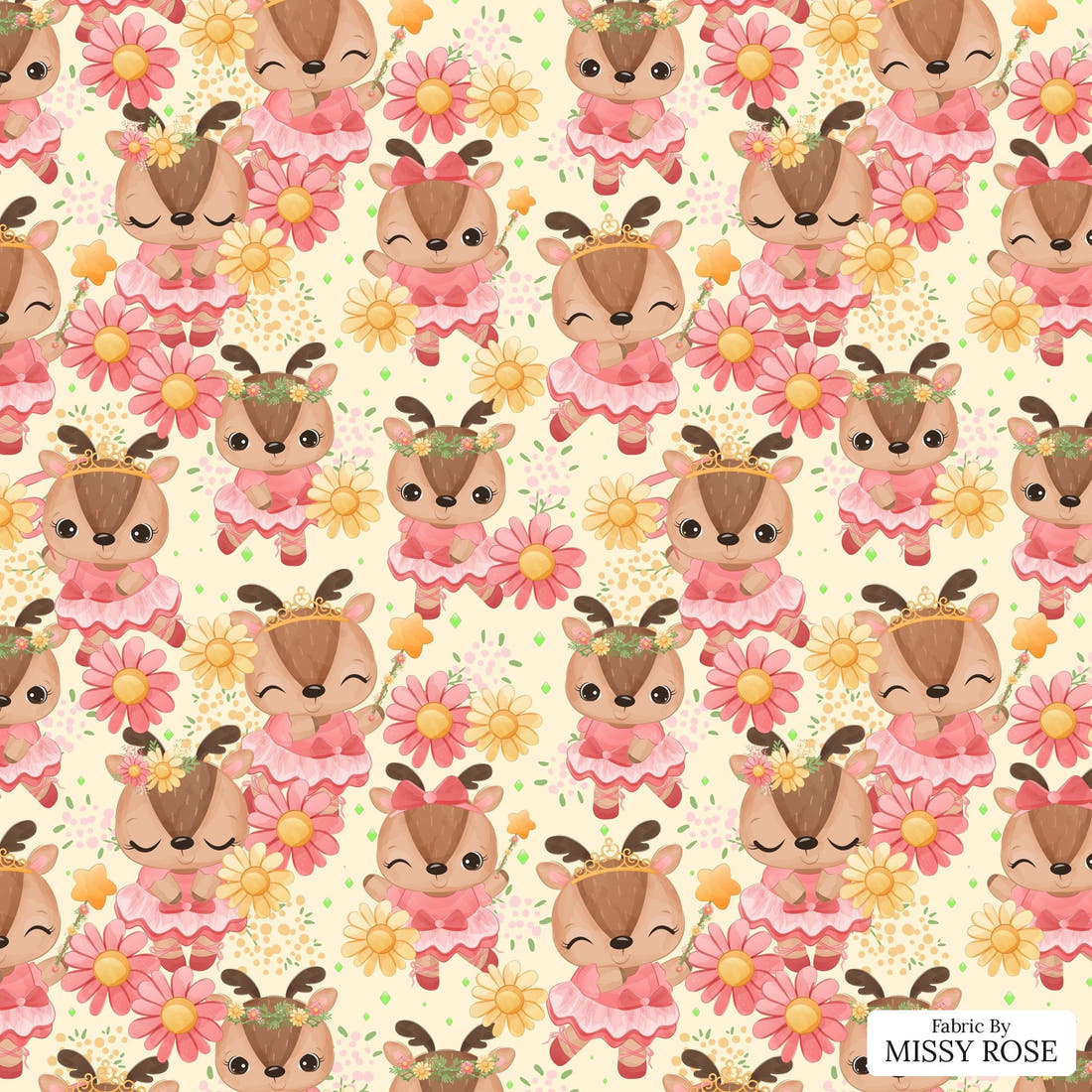 Design 882 Ballerina Deer Fabric - flat view of the print, zoom in for detail | Fabric by Missy Rose