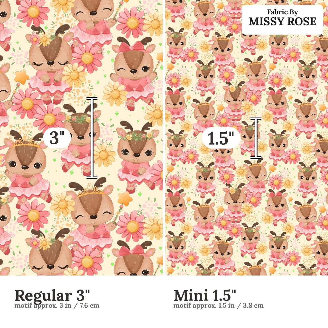 Design 882 Ballerina Deer Fabric size comparison - print scale | Fabric by Missy Rose