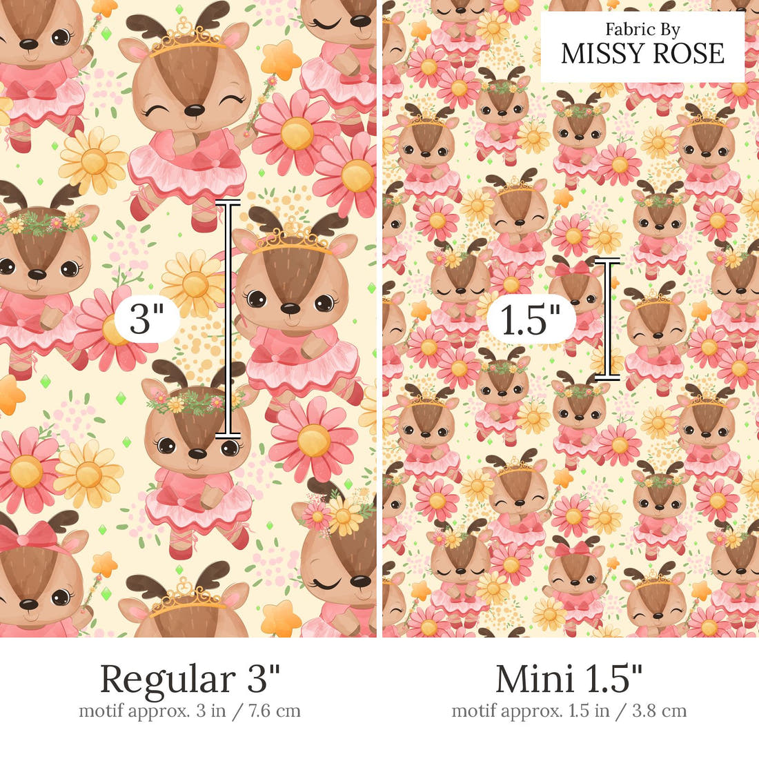 Design 882 Ballerina Deer Fabric Regular 3 inch vs Mini 1.5 inch print scale side by side | Fabric by Missy Rose