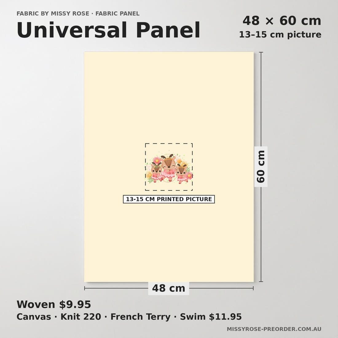 Design 882 Ballerina Deer Panel universal panel sizing – 13–15 cm printed picture on 48 × 60 cm fabric | Fabric by Missy Rose