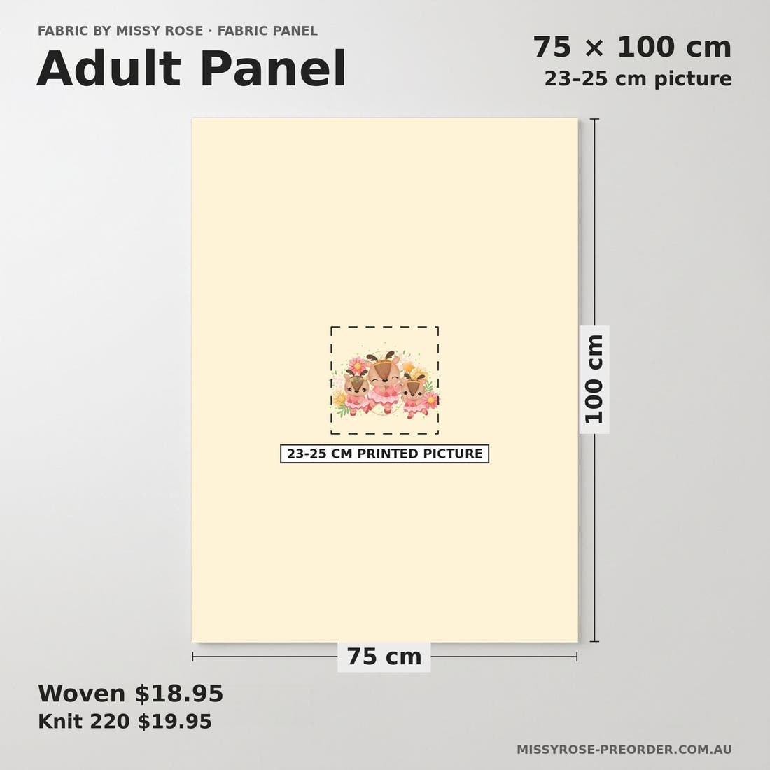 Design 882 Ballerina Deer Panel adult panel sizing – 23–25 cm printed picture on 75 × 100 cm fabric | Fabric by Missy Rose