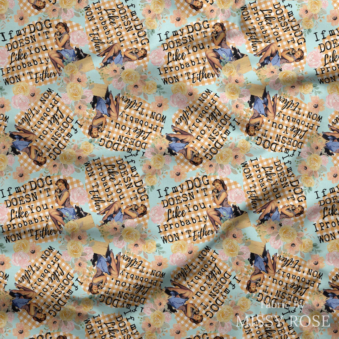 Design 883 Retro Dog Fabric draped fabric mockup – custom printed fabric by the metre | Fabric by Missy Rose
