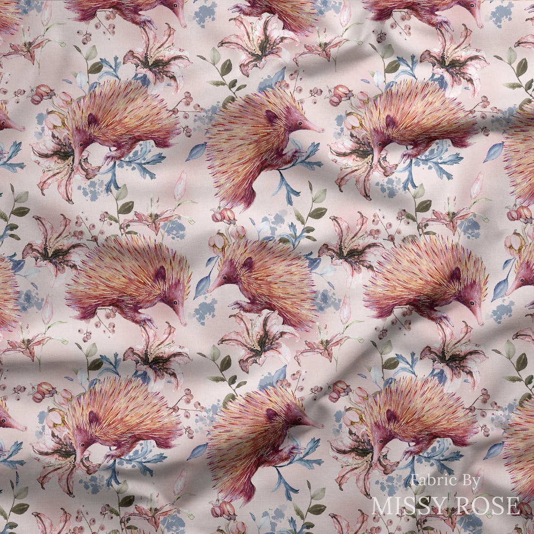 Design 884 Echidna Fabric draped fabric mockup – custom printed fabric by the metre | Fabric by Missy Rose