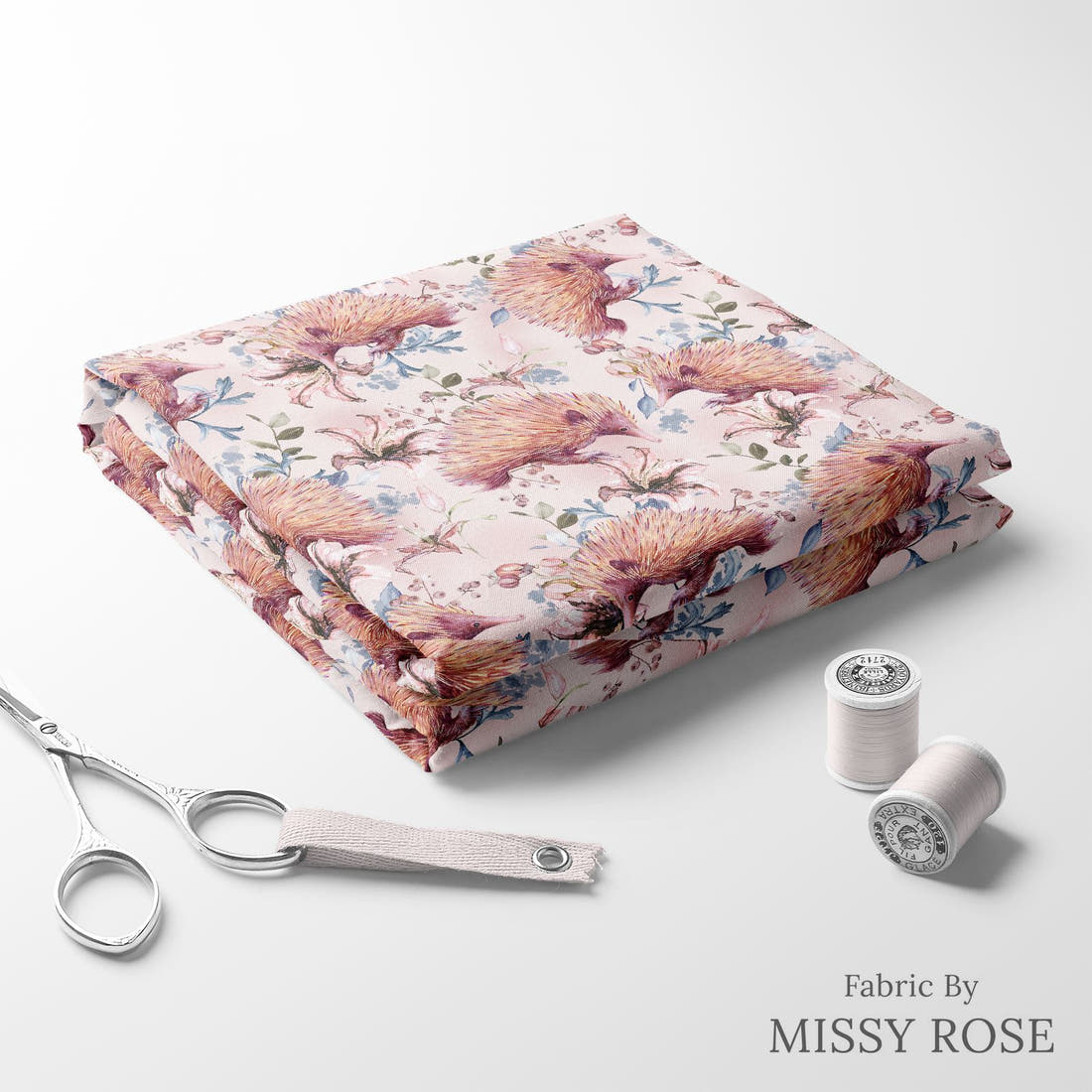 Design 884 Echidna Fabric folded fabric stack with matching thread – pre-order fabric Australia | Fabric by Missy Rose