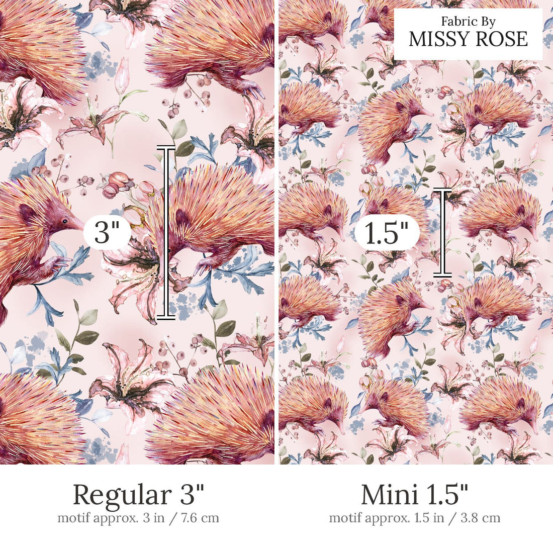 Design 884 Echidna Fabric Regular 3 inch vs Mini 1.5 inch print scale side by side | Fabric by Missy Rose