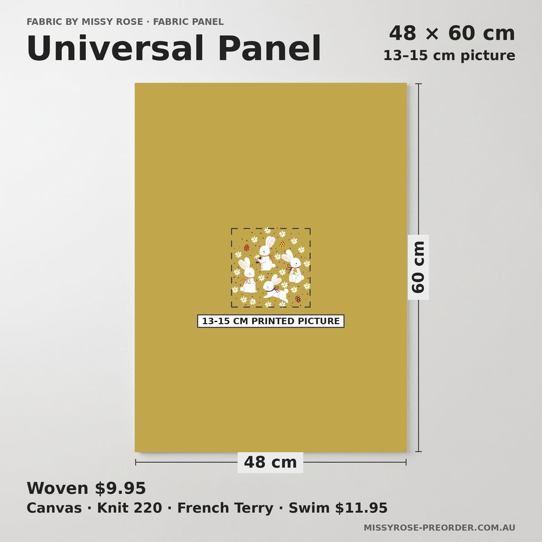 Design 885 Mustard Bunny Panel universal panel sizing – 13–15 cm printed picture on 48 × 60 cm fabric | Fabric by Missy Rose