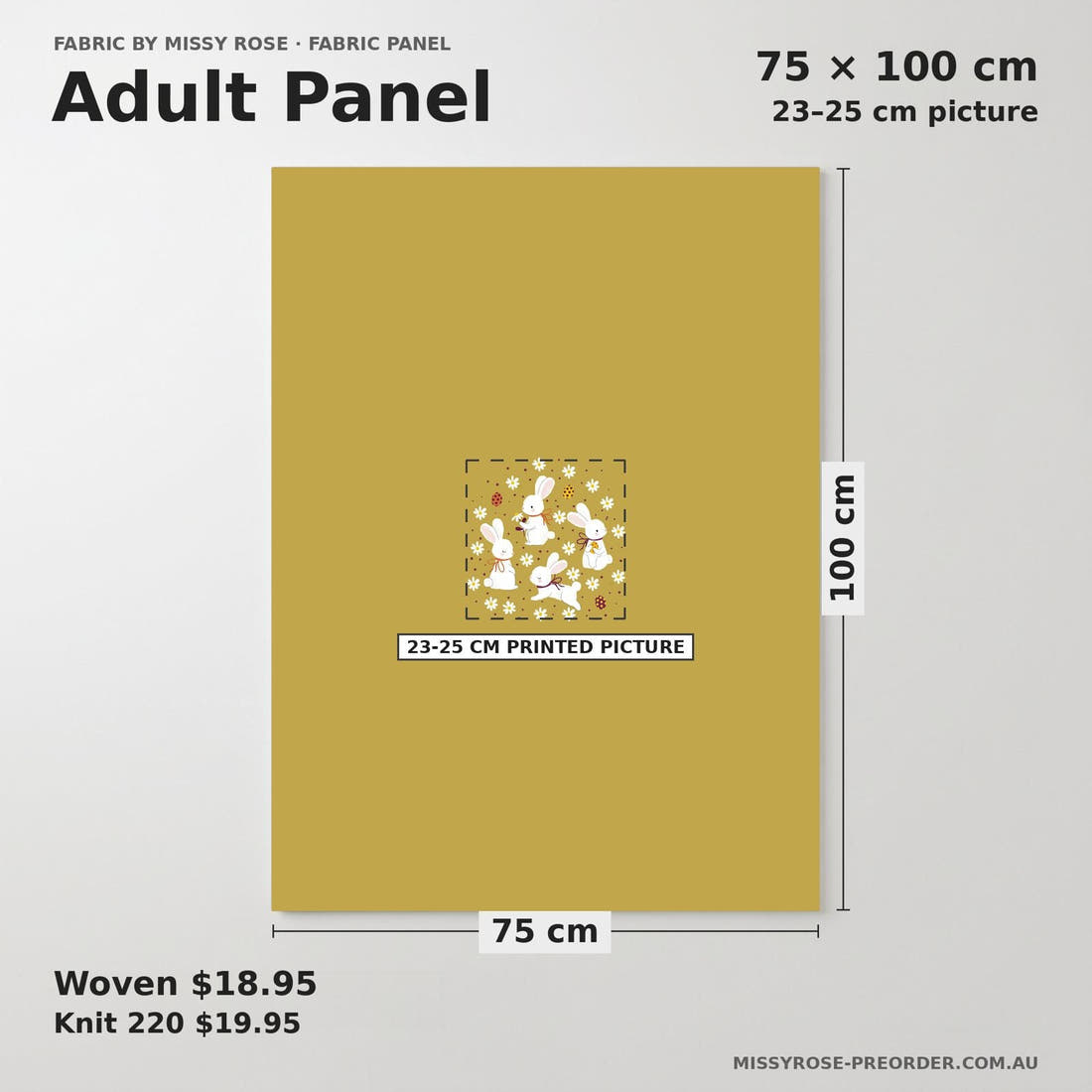 Design 885 Mustard Bunny Panel adult panel sizing – 23–25 cm printed picture on 75 × 100 cm fabric | Fabric by Missy Rose