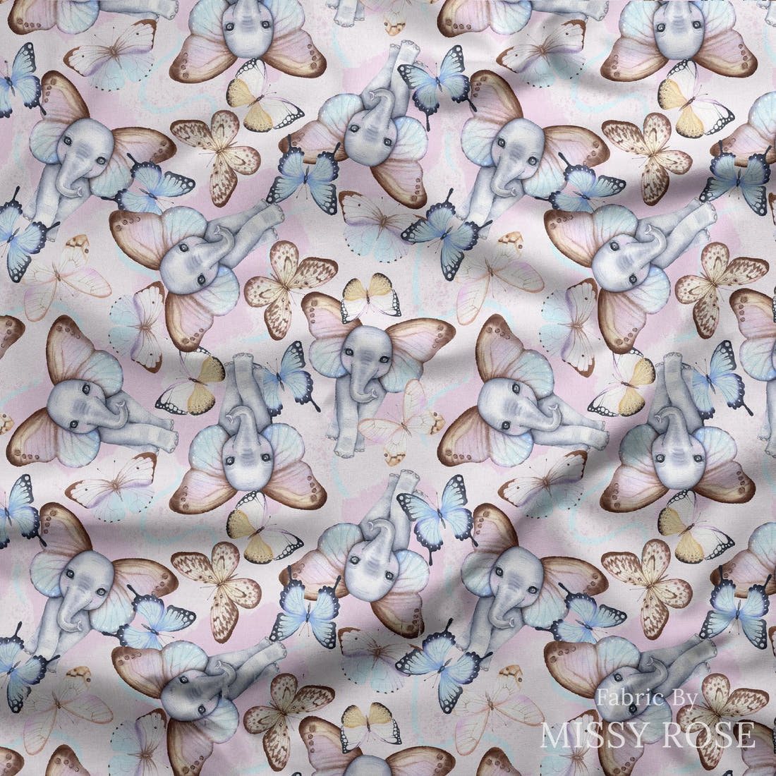 Design 886 Butterfly Elephant Fabric draped fabric mockup – custom printed fabric by the metre | Fabric by Missy Rose