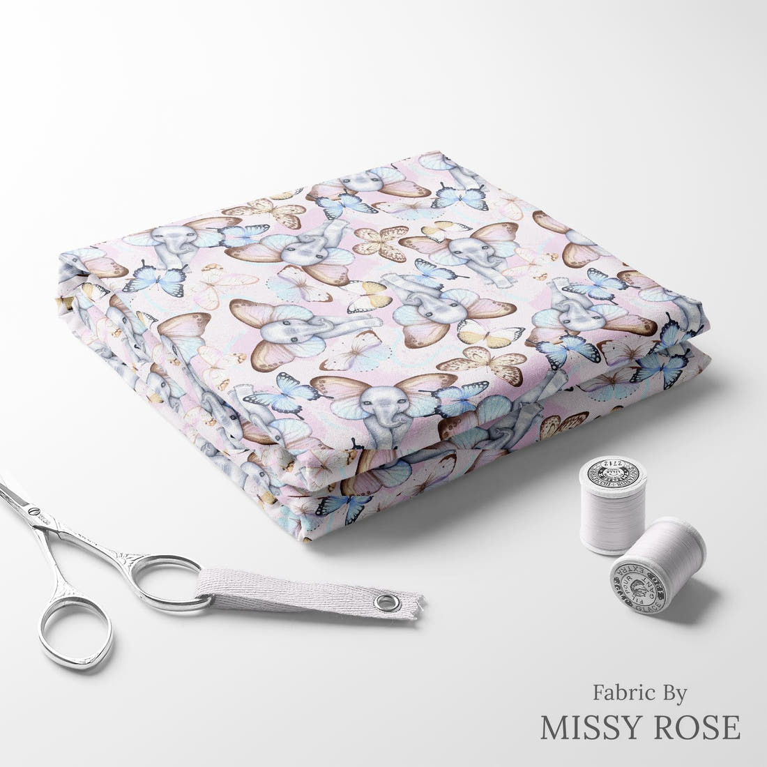 Design 886 Butterfly Elephant Fabric folded fabric stack with matching thread – pre-order fabric Australia | Fabric by Missy Rose