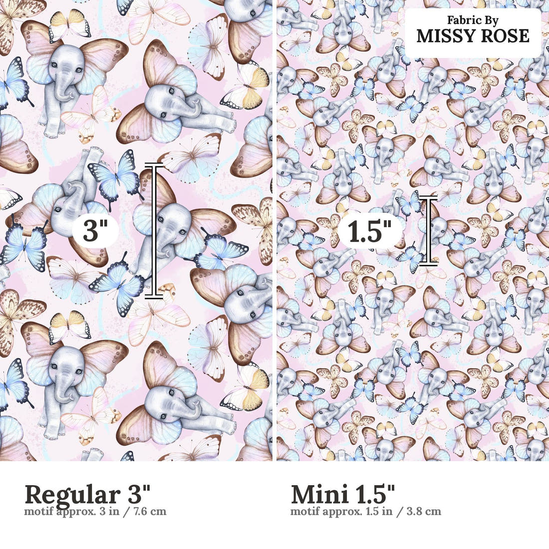 Design 886 Butterfly Elephant Fabric size comparison - print scale | Fabric by Missy Rose