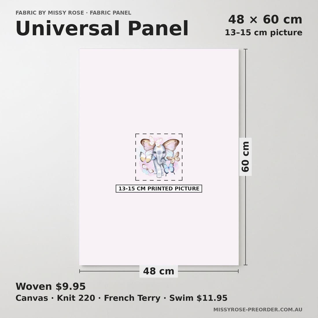 Design 886 Butterfly Elephant Panel universal panel sizing – 13–15 cm printed picture on 48 × 60 cm fabric | Fabric by Missy Rose