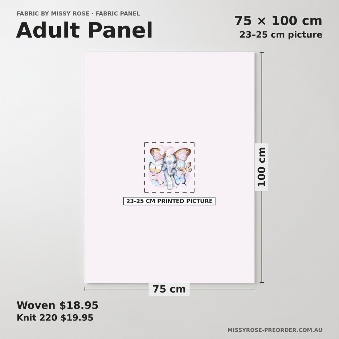 Design 886 Butterfly Elephant Panel adult panel sizing – 23–25 cm printed picture on 75 × 100 cm fabric | Fabric by Missy Rose