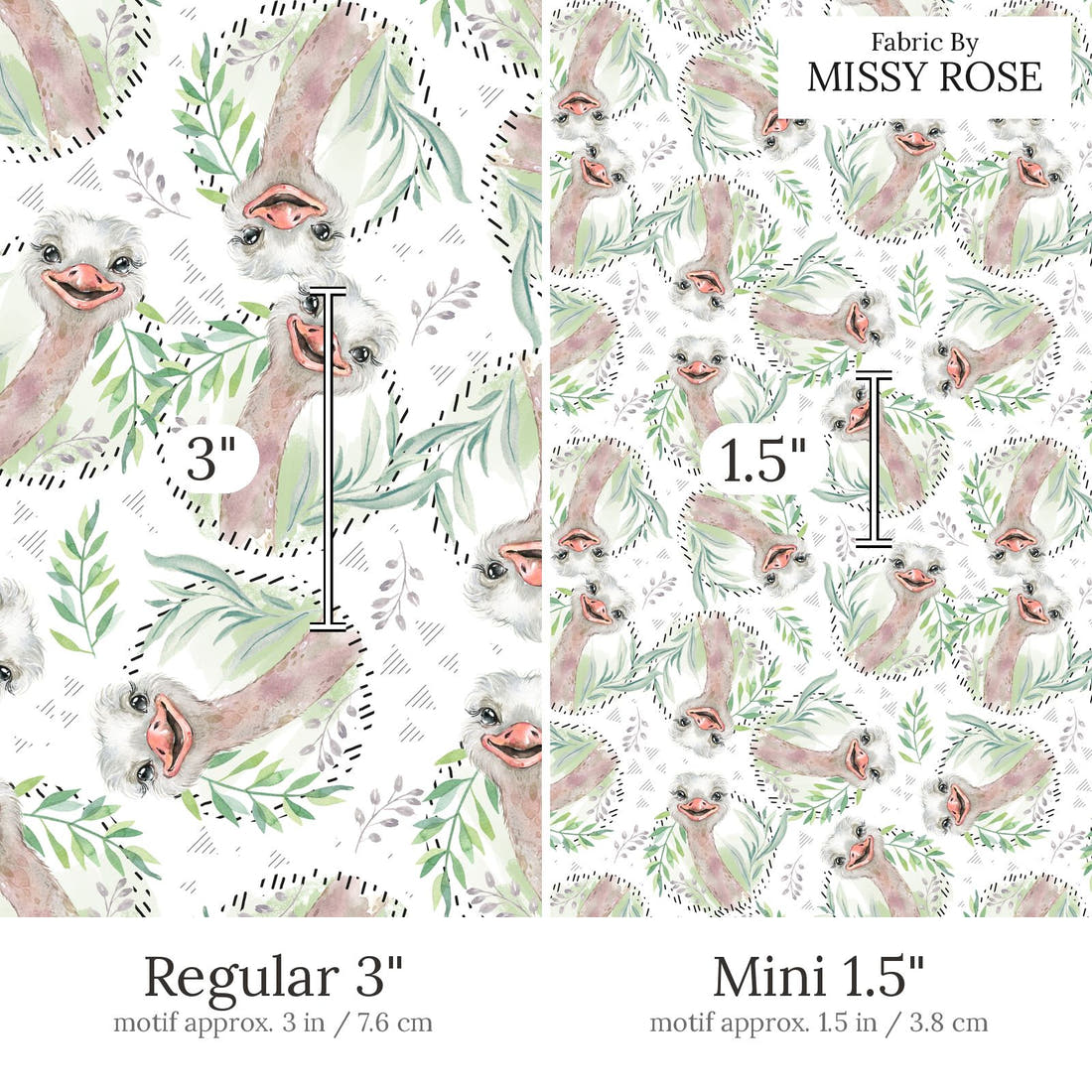 Design 887 Emu Fabric Regular 3 inch vs Mini 1.5 inch print scale side by side | Fabric by Missy Rose