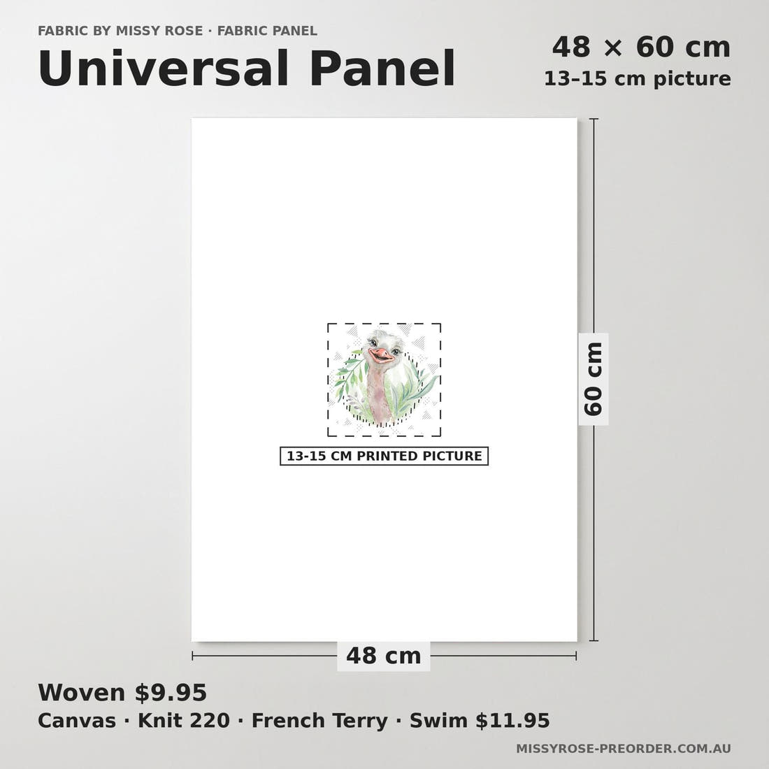 Design 887 Emu Panel universal panel sizing – 13–15 cm printed picture on 48 × 60 cm fabric | Fabric by Missy Rose