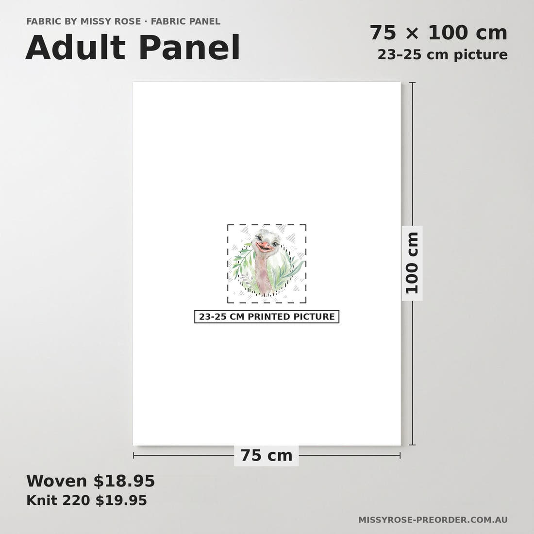 Design 887 Emu Panel adult panel sizing – 23–25 cm printed picture on 75 × 100 cm fabric | Fabric by Missy Rose