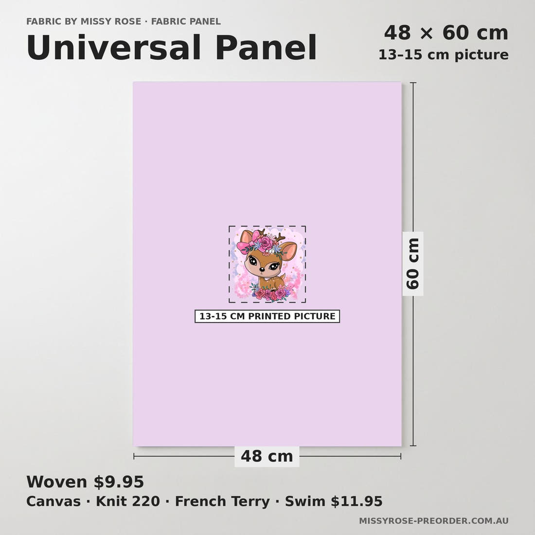 Design 888 Purple Deer Panel universal panel sizing – 13–15 cm printed picture on 48 × 60 cm fabric | Fabric by Missy Rose