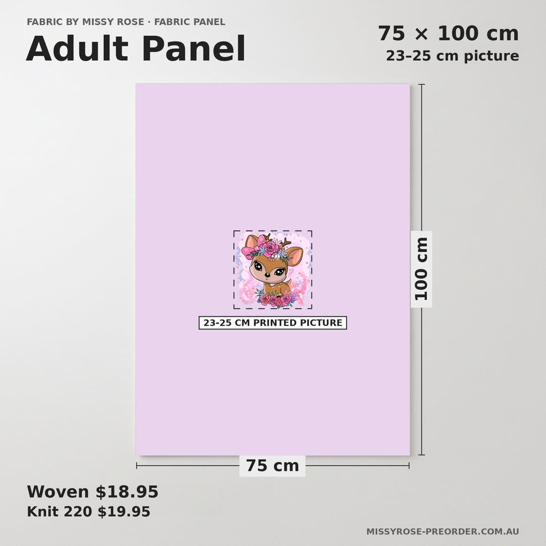 Design 888 Purple Deer Panel adult panel sizing – 23–25 cm printed picture on 75 × 100 cm fabric | Fabric by Missy Rose