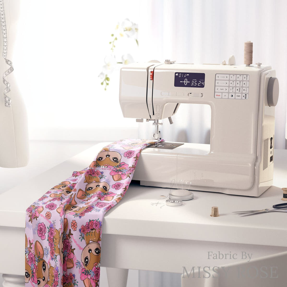 Design 888 Purple Deer Fabric on a sewing machine – premium fabric for sewing projects | Fabric by Missy Rose