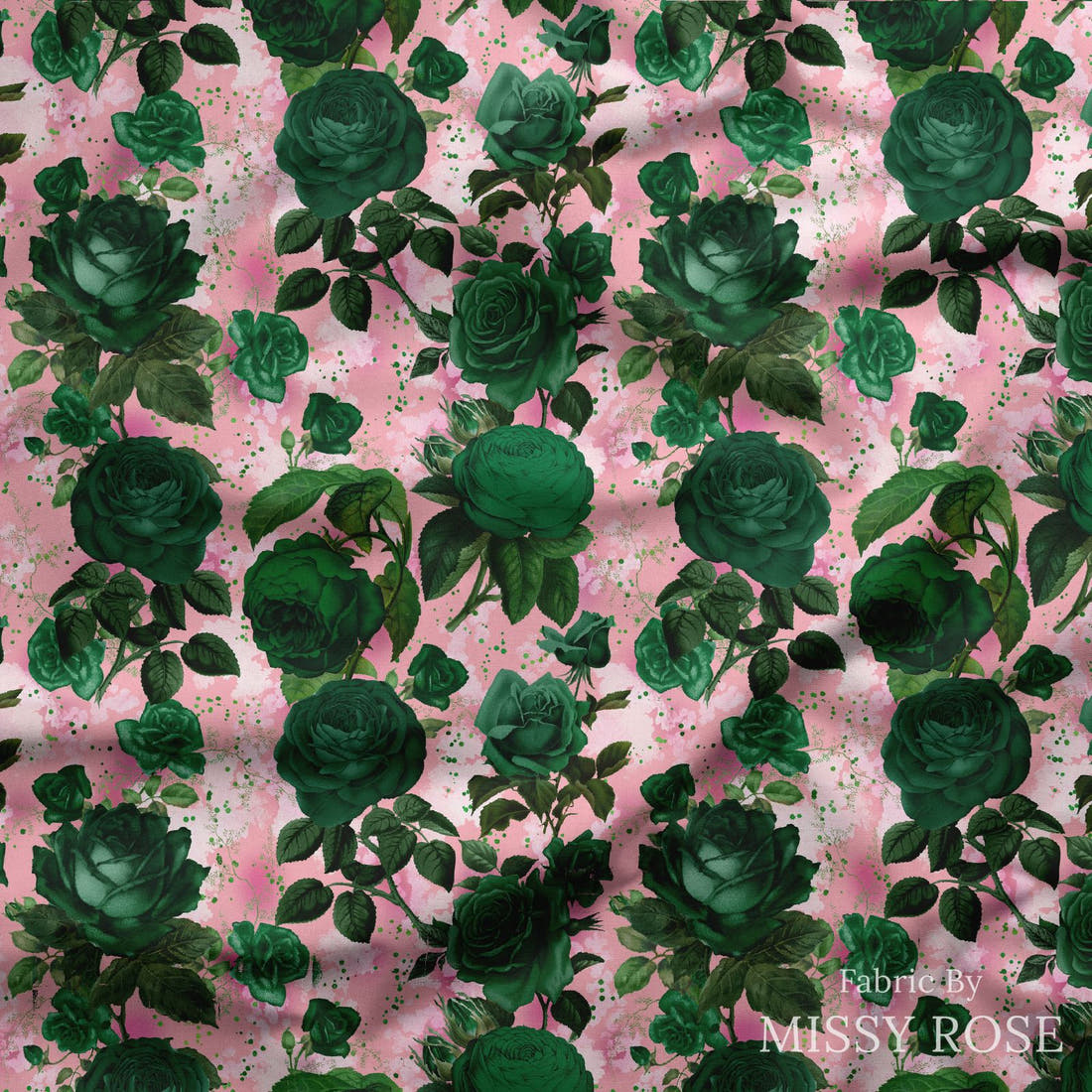 Design 889 Green Roses Fabric draped fabric mockup – custom printed fabric by the metre | Fabric by Missy Rose
