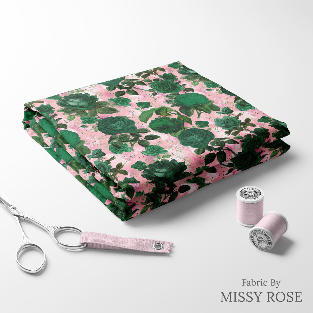 Design 889 Green Roses Fabric folded fabric stack with matching thread – pre-order fabric Australia | Fabric by Missy Rose
