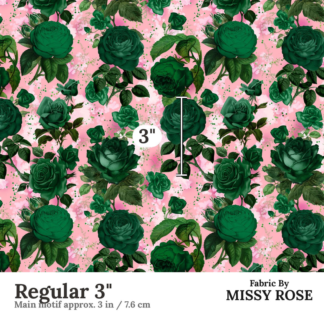 Design 889 Green Roses Fabric Regular 3" - print scale | Fabric by Missy Rose