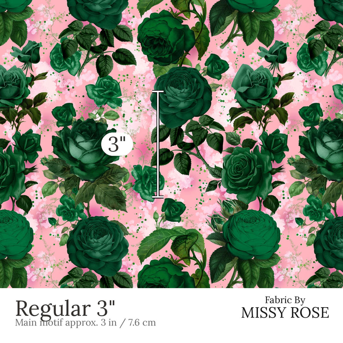 Design 889 Green Roses Fabric Regular 3 inch print scale guide | Fabric by Missy Rose