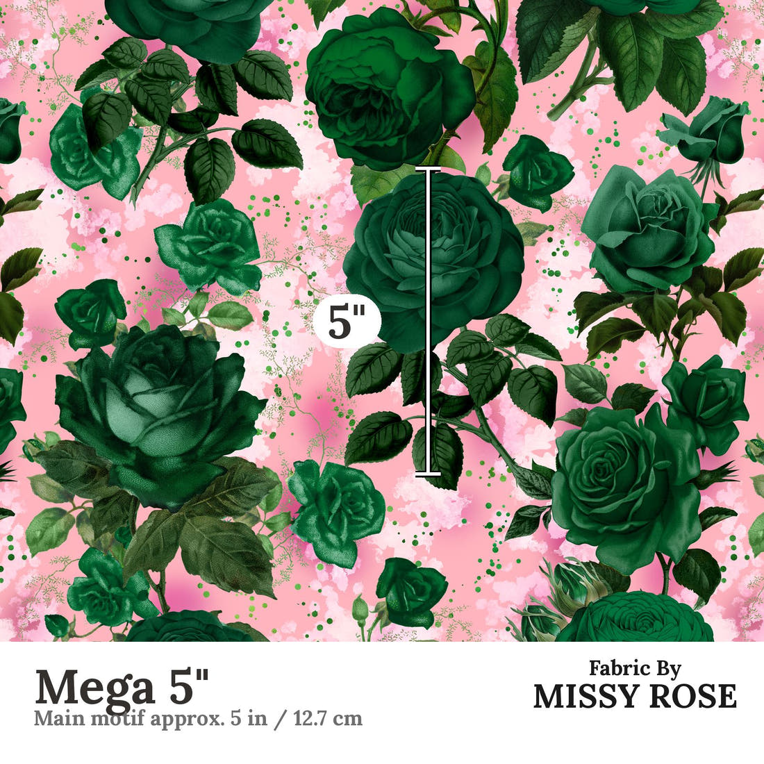 Design 889 Green Roses Fabric Mega 5" - print scale | Fabric by Missy Rose