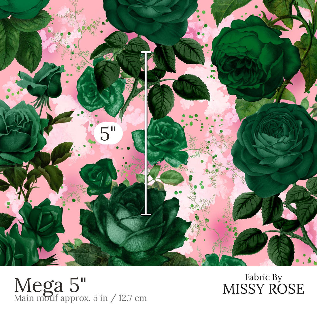 Design 889 Green Roses Fabric Mega 5 inch print scale guide | Fabric by Missy Rose