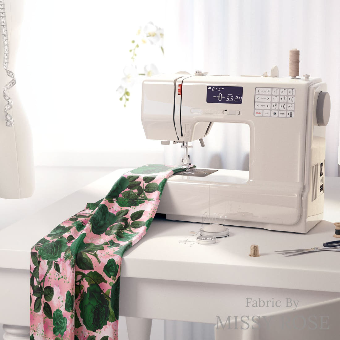 Design 889 Green Roses Fabric on a sewing machine – premium fabric for sewing projects | Fabric by Missy Rose