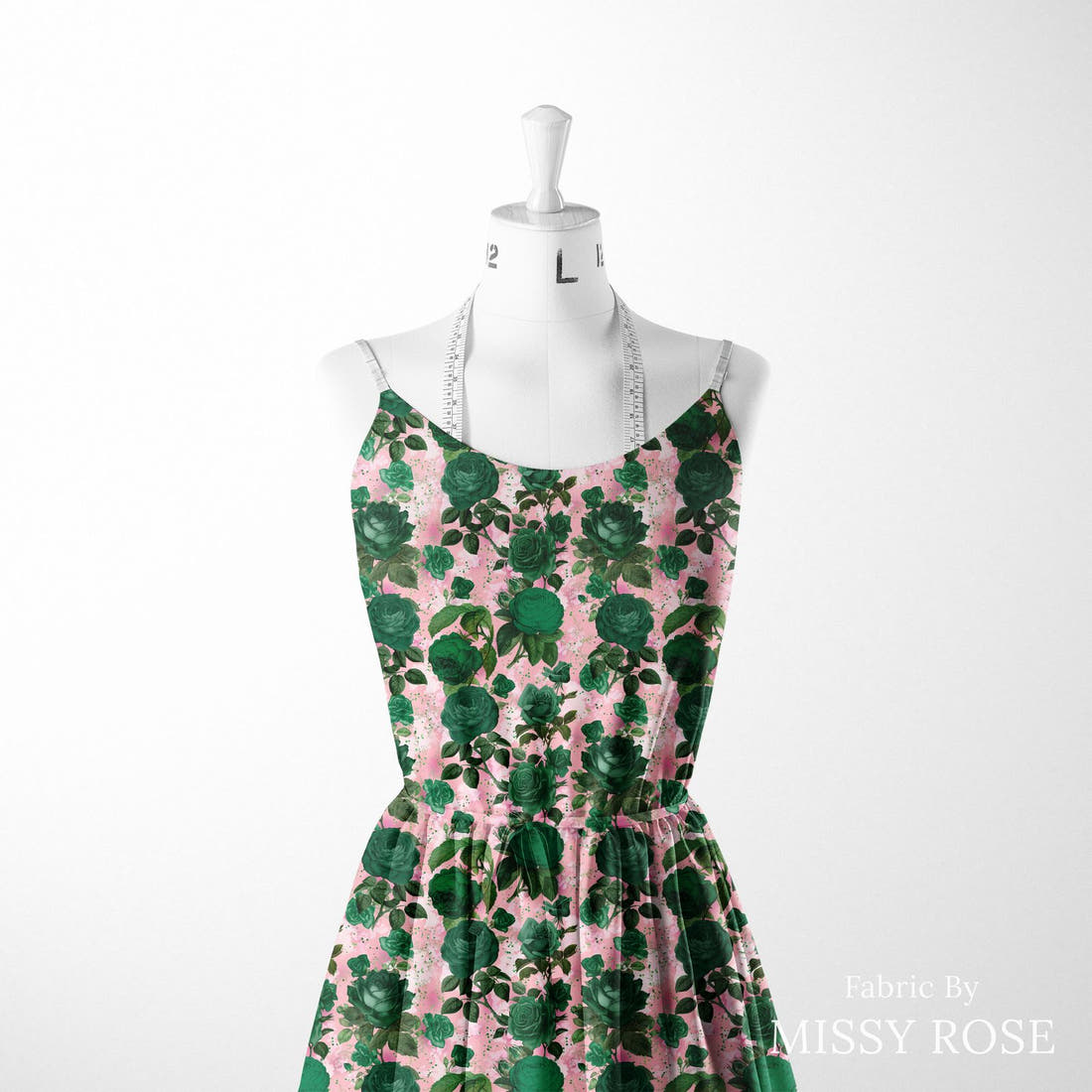 Design 889 Green Roses Fabric sewn into a women's dress – see how the print looks made up | Fabric by Missy Rose