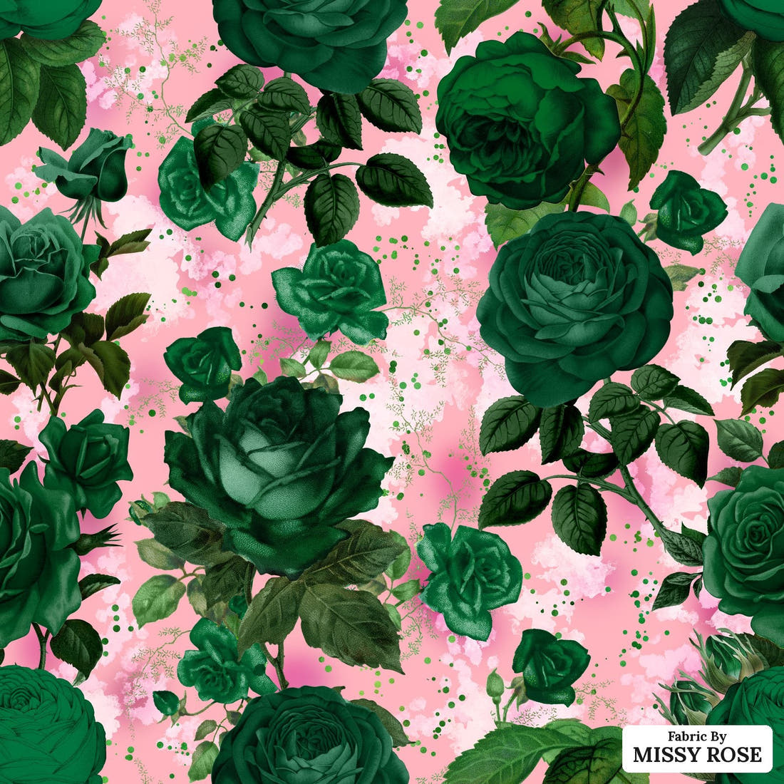Design 889 Green Roses Fabric - flat view of the print, zoom in for detail | Fabric by Missy Rose