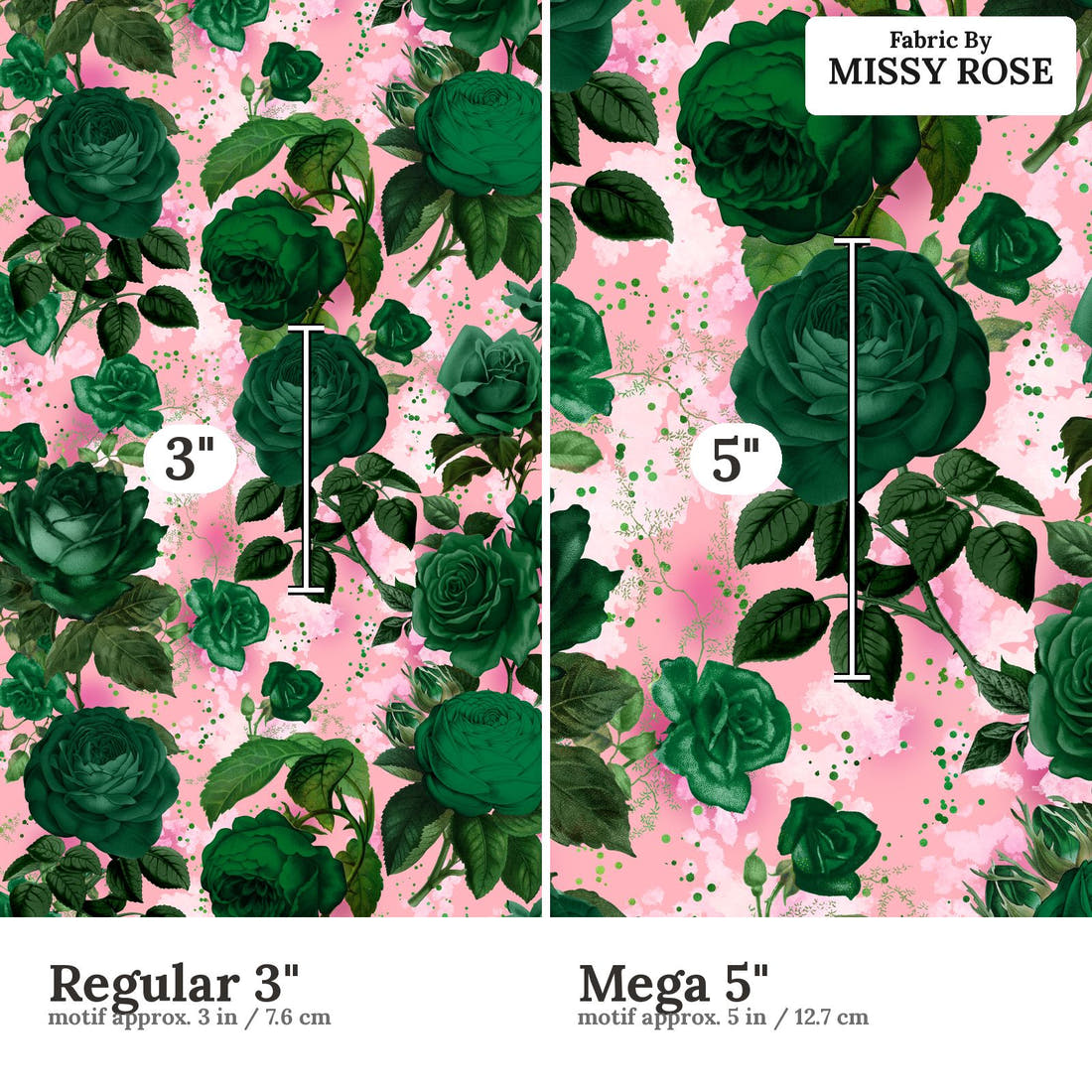 Design 889 Green Roses Fabric size comparison - print scale | Fabric by Missy Rose