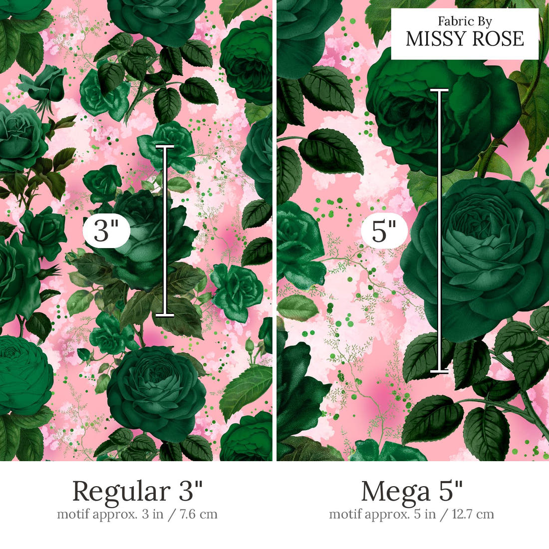 Design 889 Green Roses Fabric Regular 3 inch vs Mega 5 inch print scale side by side | Fabric by Missy Rose