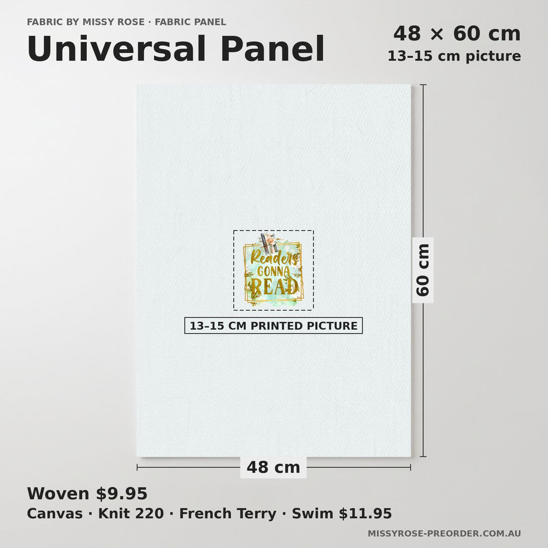 Design 89 Reading Panel universal panel sizing – 13–15 cm printed picture on 48 × 60 cm fabric | Fabric by Missy Rose