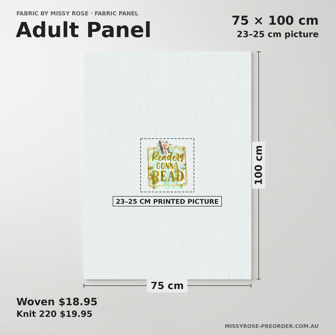 Design 89 Reading Panel adult panel sizing – 23–25 cm printed picture on 75 × 100 cm fabric | Fabric by Missy Rose