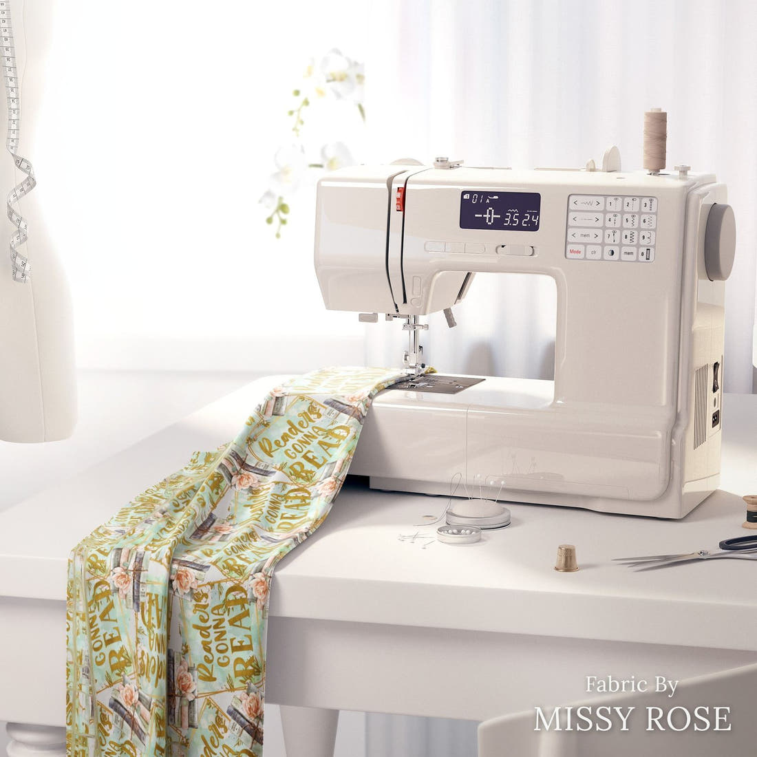 Design 89 Reading Fabric on a sewing machine – premium fabric for sewing projects | Fabric by Missy Rose