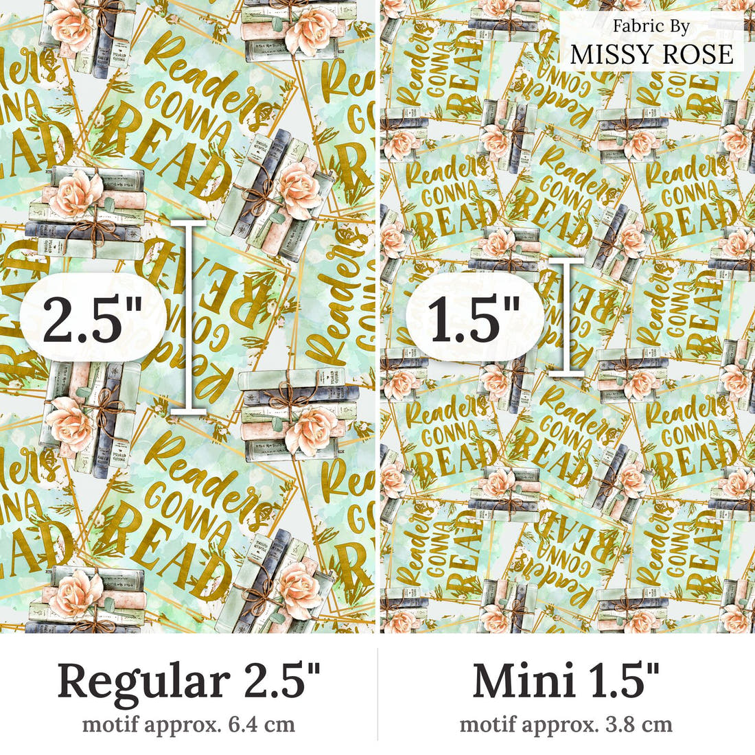 Design 89 Reading Fabric Regular 2.5 inch vs Mini 1.5 inch print scale side by side | Fabric by Missy Rose