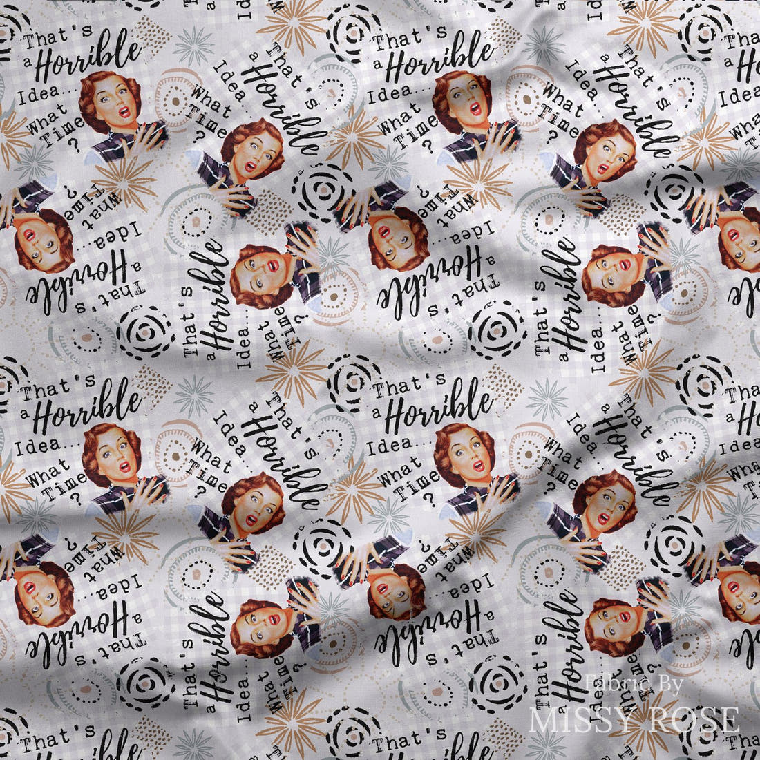Design 890 Funny Retro Fabric draped fabric mockup – custom printed fabric by the metre | Fabric by Missy Rose