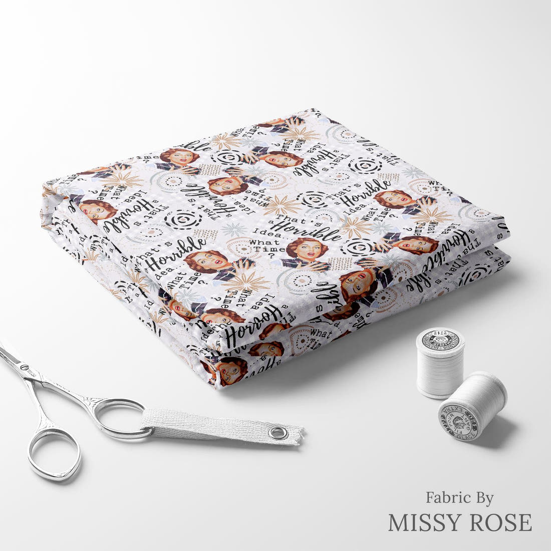 Design 890 Funny Retro Fabric folded fabric stack with matching thread – pre-order fabric Australia | Fabric by Missy Rose