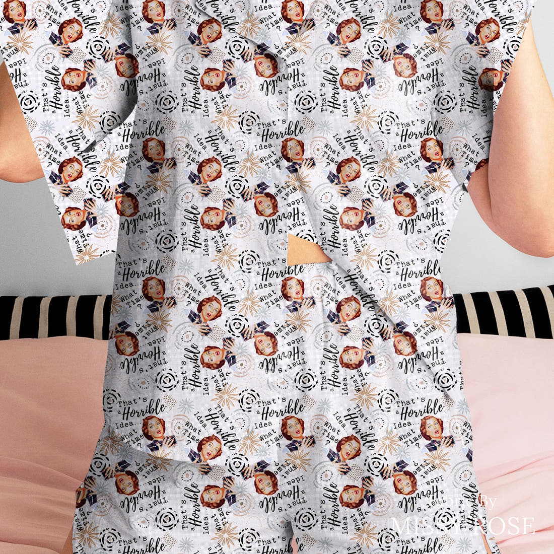 Design 890 Funny Retro Fabric sewn into a women's pyjama set – see how the print looks made up | Fabric by Missy Rose