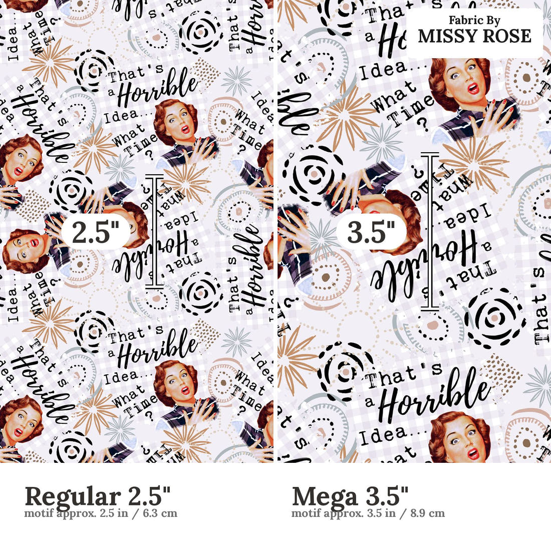 Design 890 Funny Retro Fabric size comparison - print scale | Fabric by Missy Rose