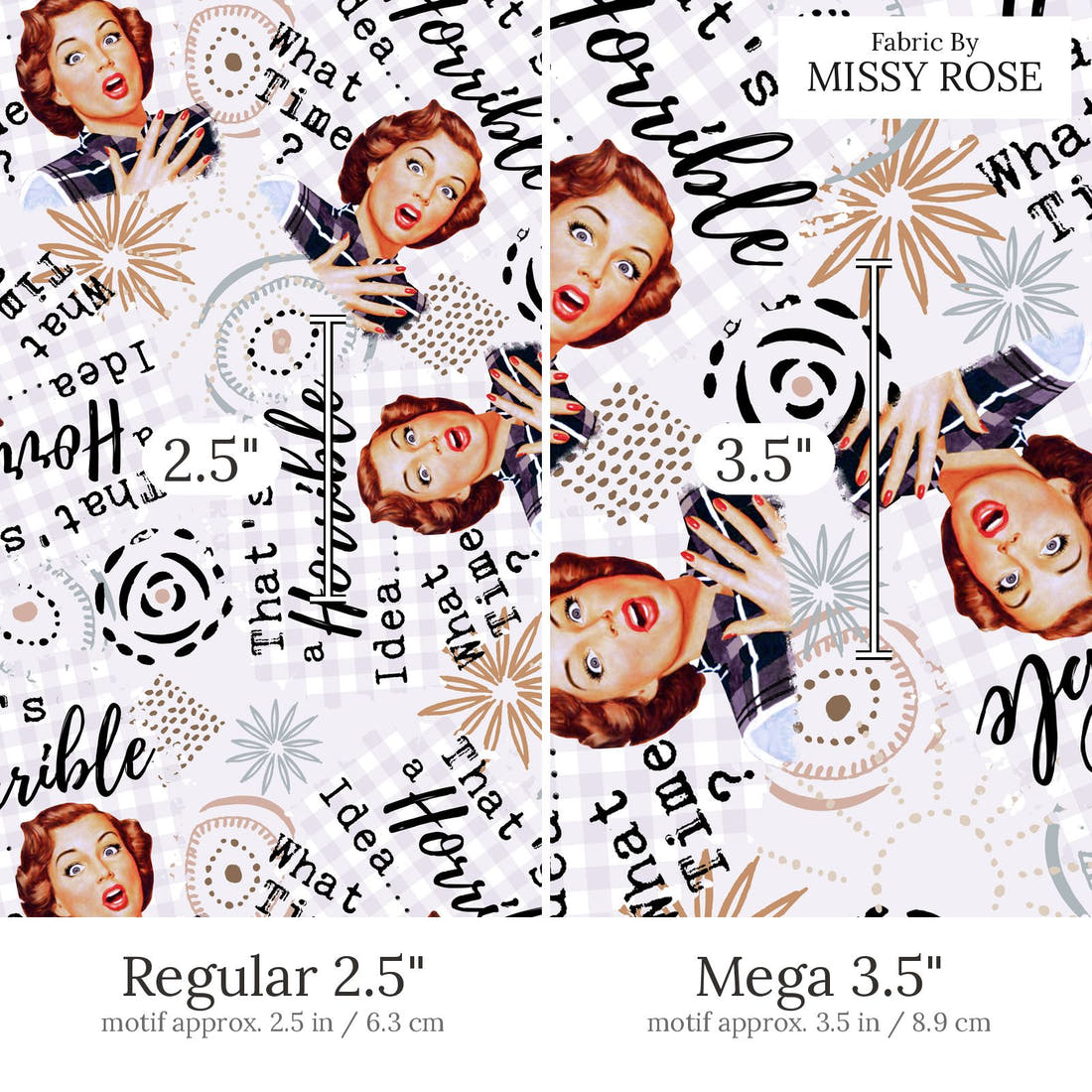 Design 890 Funny Retro Fabric Regular 2.5 inch vs Mega 3.5 inch print scale side by side | Fabric by Missy Rose