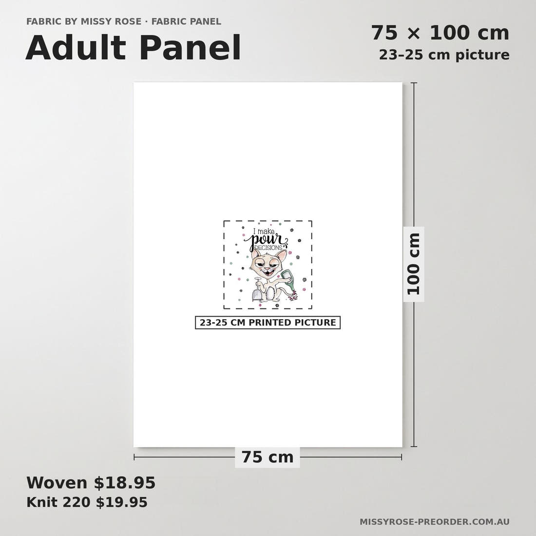 Design 891 Pour Decisions Panel adult panel sizing – 23–25 cm printed picture on 75 × 100 cm fabric | Fabric by Missy Rose