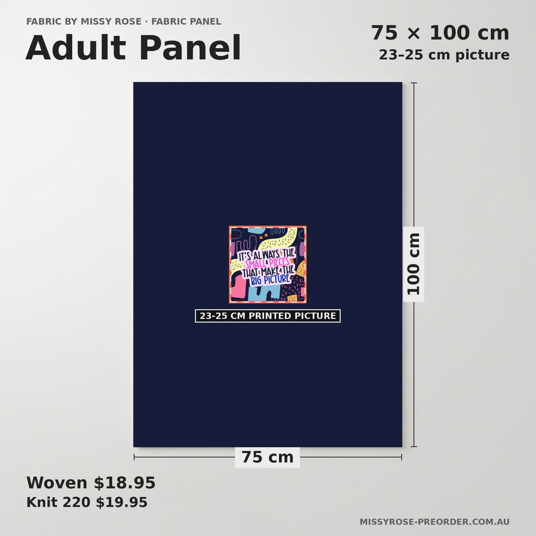 Design 892 Puzzle Panel adult panel sizing – 23–25 cm printed picture on 75 × 100 cm fabric | Fabric by Missy Rose