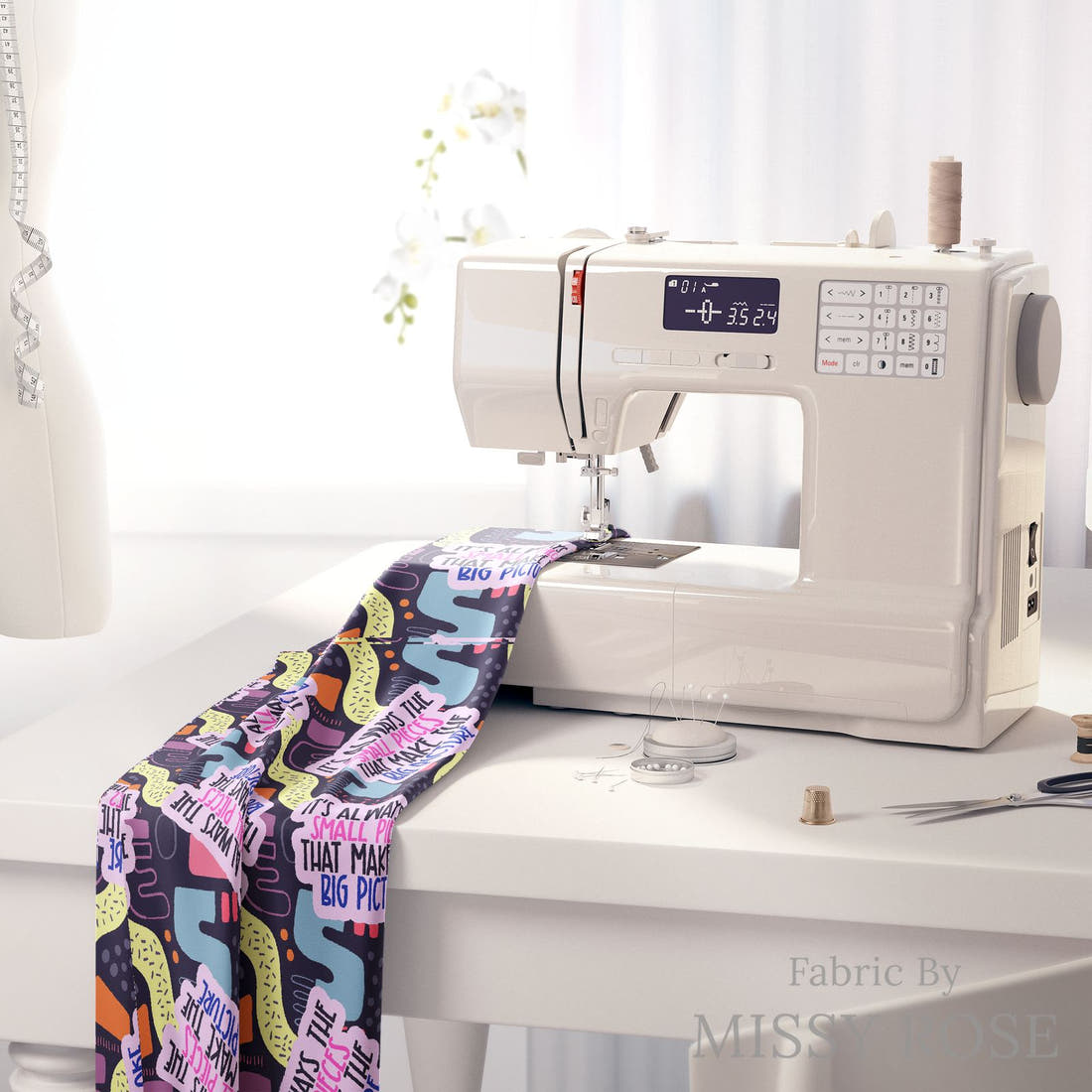Design 892 Puzzle Fabric on a sewing machine – premium fabric for sewing projects | Fabric by Missy Rose
