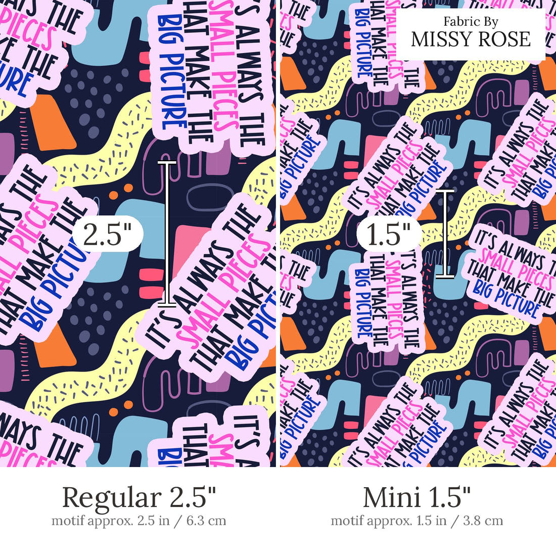 Design 892 Puzzle Fabric Regular 2.5 inch vs Mini 1.5 inch print scale side by side | Fabric by Missy Rose