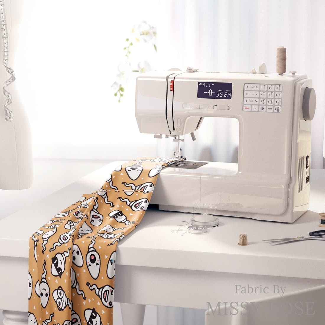 Design 893 Sperm Fabric on a sewing machine – premium fabric for sewing projects | Fabric by Missy Rose