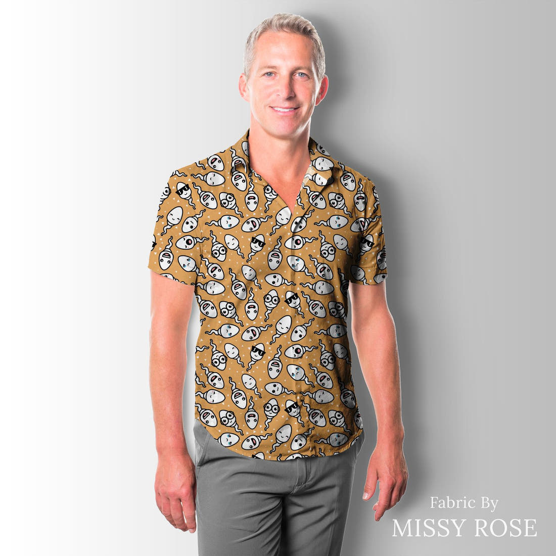 Design 893 Sperm Fabric sewn into a men's shirt – see how the print looks made up | Fabric by Missy Rose