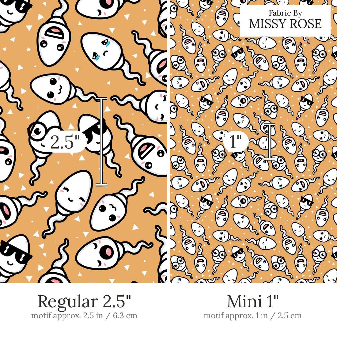 Design 893 Sperm Fabric Regular 2.5 inch vs Mini 1 inch print scale side by side | Fabric by Missy Rose