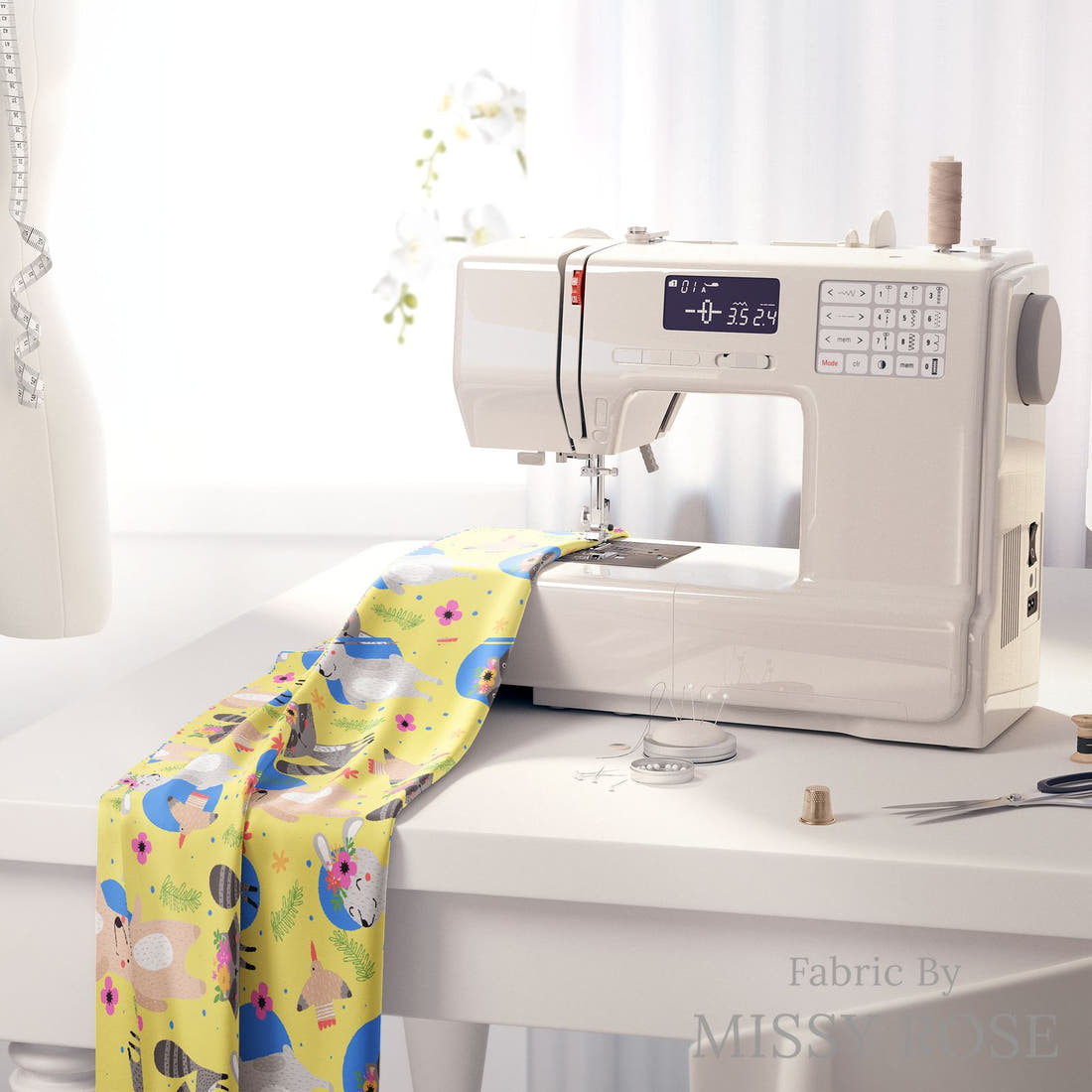 Design 894 Woodlands Fabric on a sewing machine – premium fabric for sewing projects | Fabric by Missy Rose